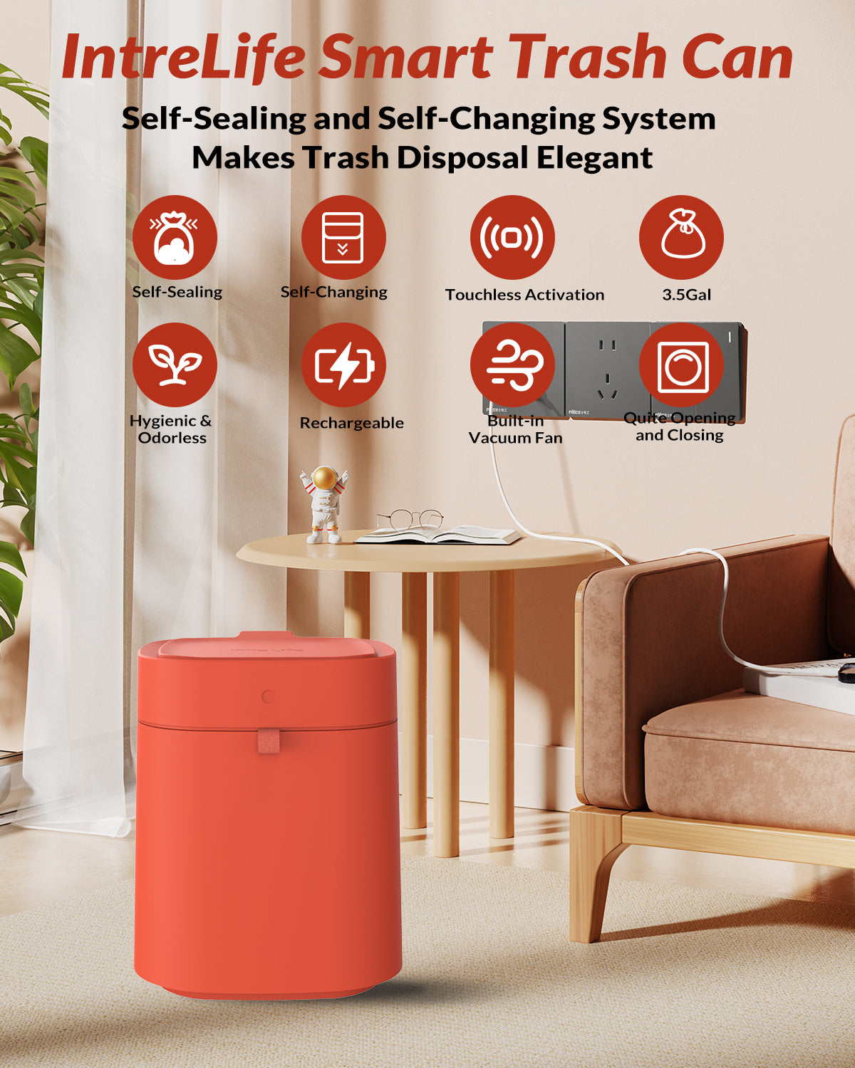 Automatic Trash Cans Touchless, 3.5 Gallon Self-Sealing and Self-Changing Smart Trash Can(Orange)