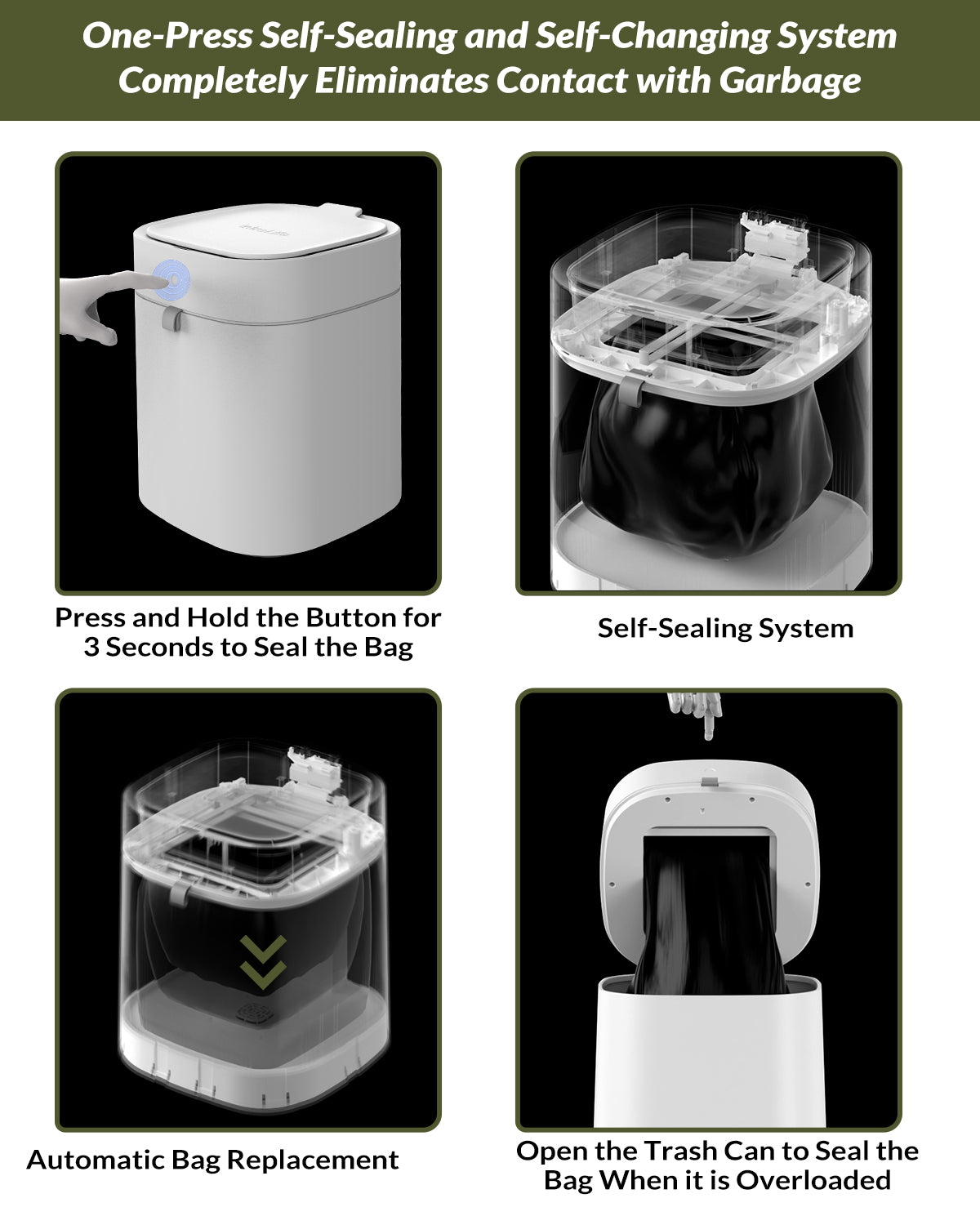 Automatic Trash Can, 3.5 Gallon Self-Sealing and Self-Changing Smart Trash Can, Rechargeable(White)