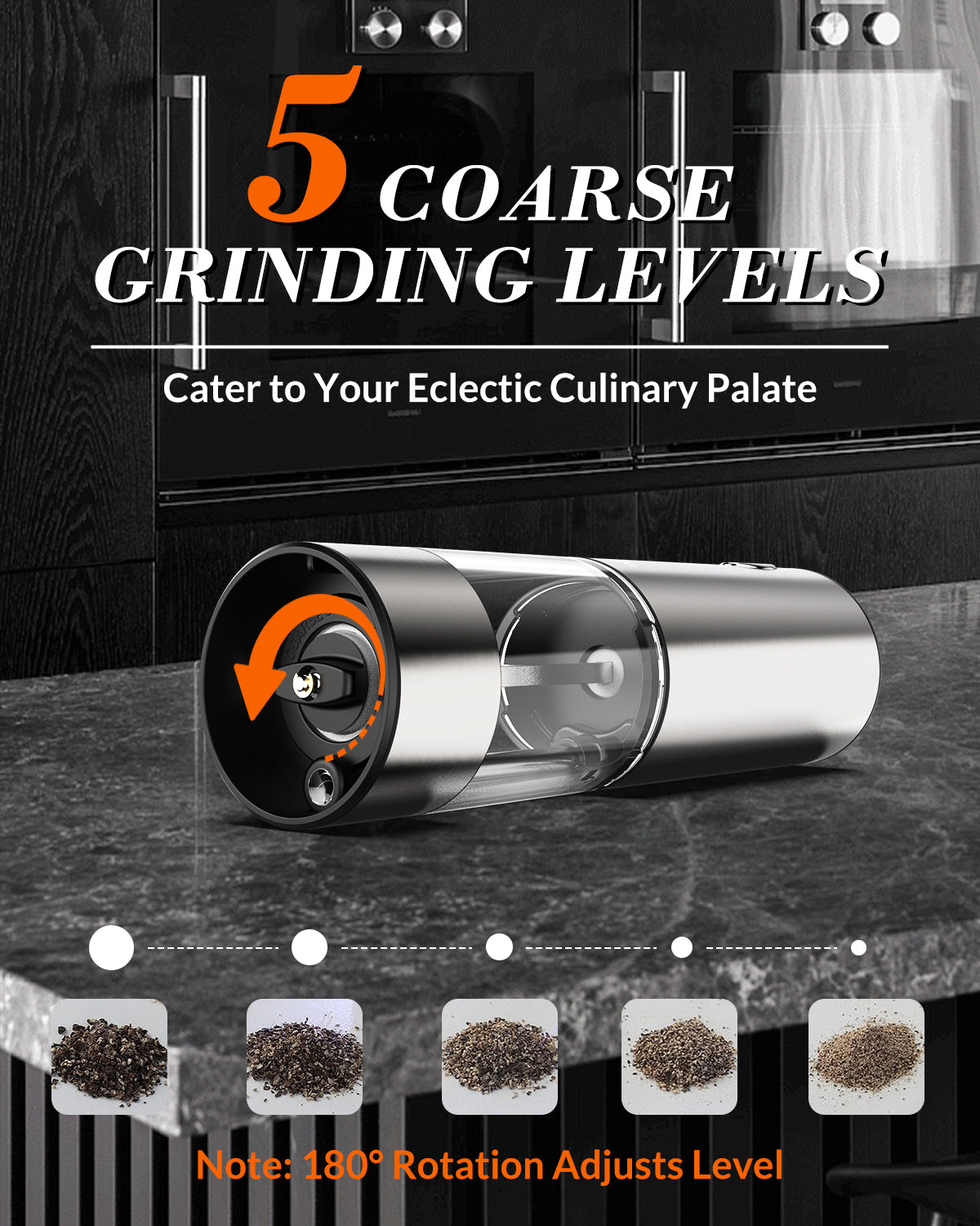 Electric Salt and Pepper Grinder Set,Rechargeable Stainless Steel Automatic Pepper Salt Mill Shaker,5 Adjustable Coarseness with LED Refillable One Hand Operation