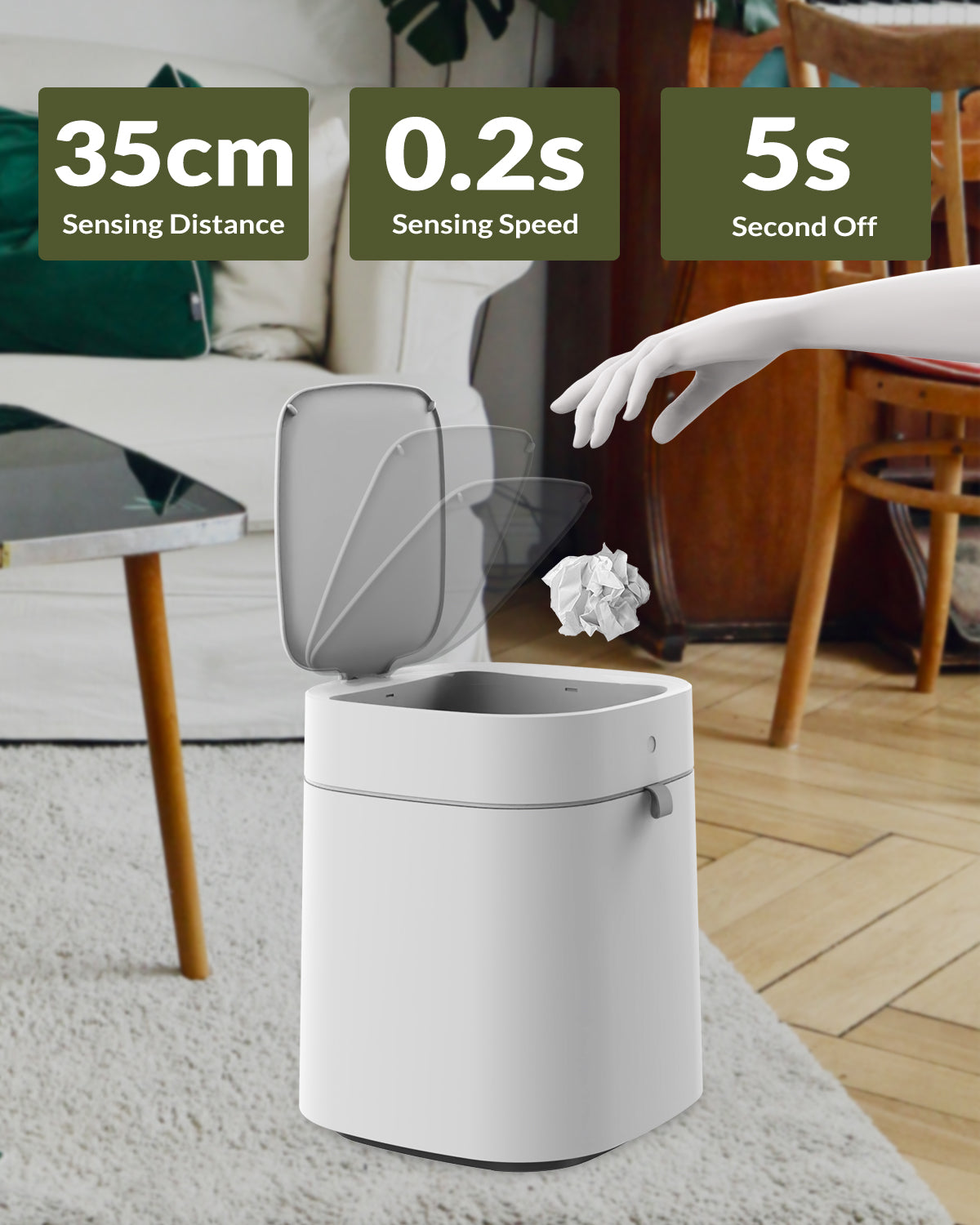 Automatic Trash Can, 3.5 Gallon Self-Sealing and Self-Changing Smart Trash Can, Rechargeable(White)