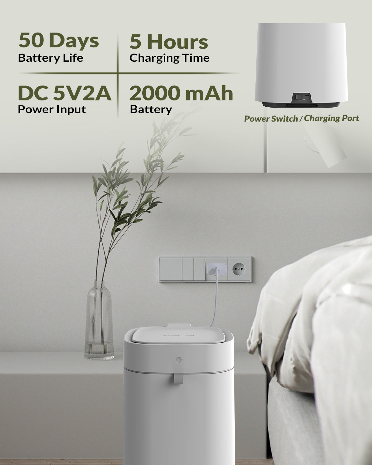 Automatic Trash Can, 3.5 Gallon Self-Sealing and Self-Changing Smart Trash Can, Rechargeable(White)