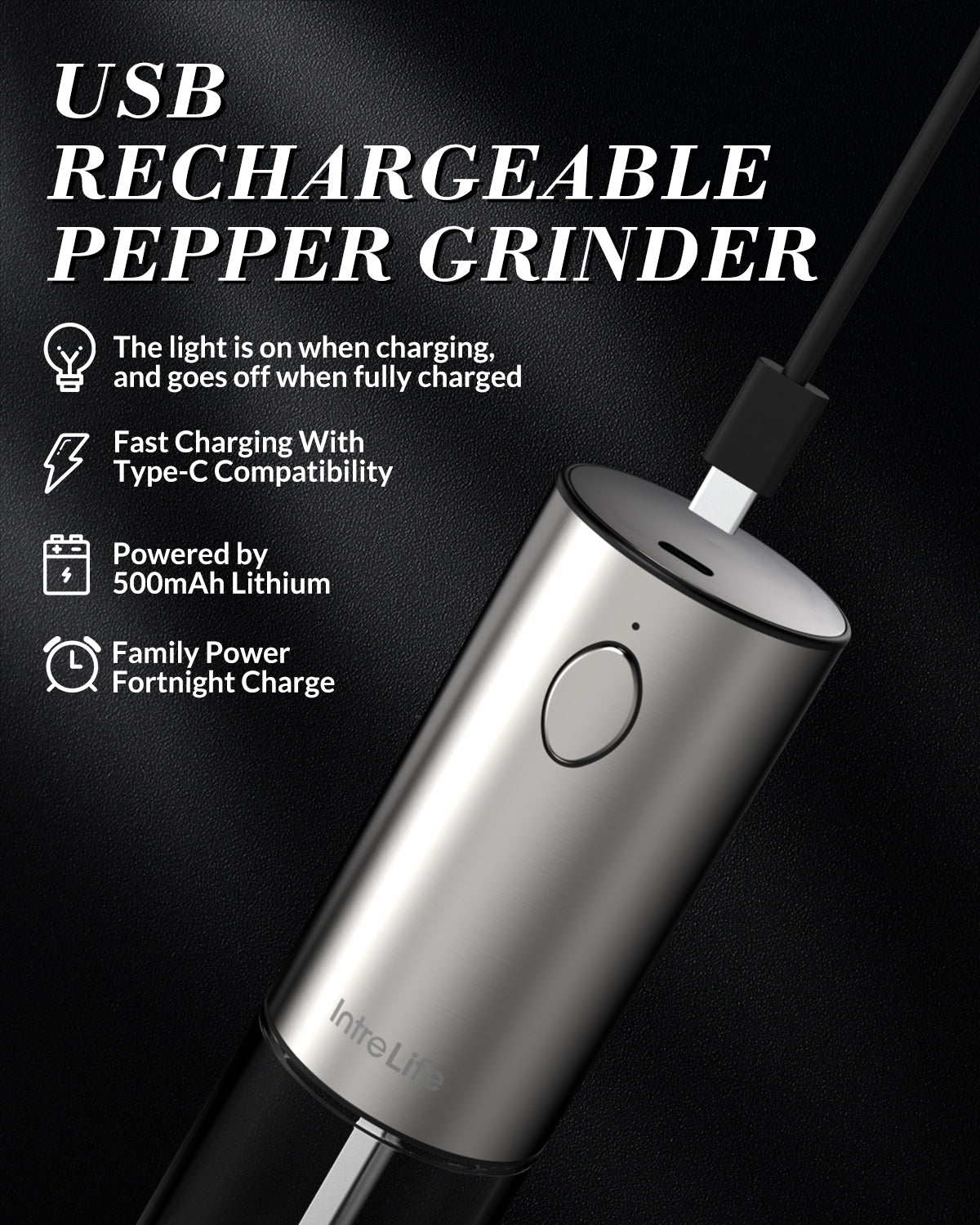 Electric Salt and Pepper Grinder Set,Rechargeable Stainless Steel Automatic Pepper Salt Mill Shaker,5 Adjustable Coarseness with LED Refillable One Hand Operation