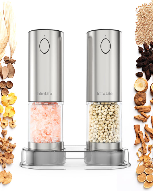 Electric Salt and Pepper Grinder Set,Rechargeable Stainless Steel Automatic Pepper Salt Mill Shaker,5 Adjustable Coarseness with LED Refillable One Hand Operation