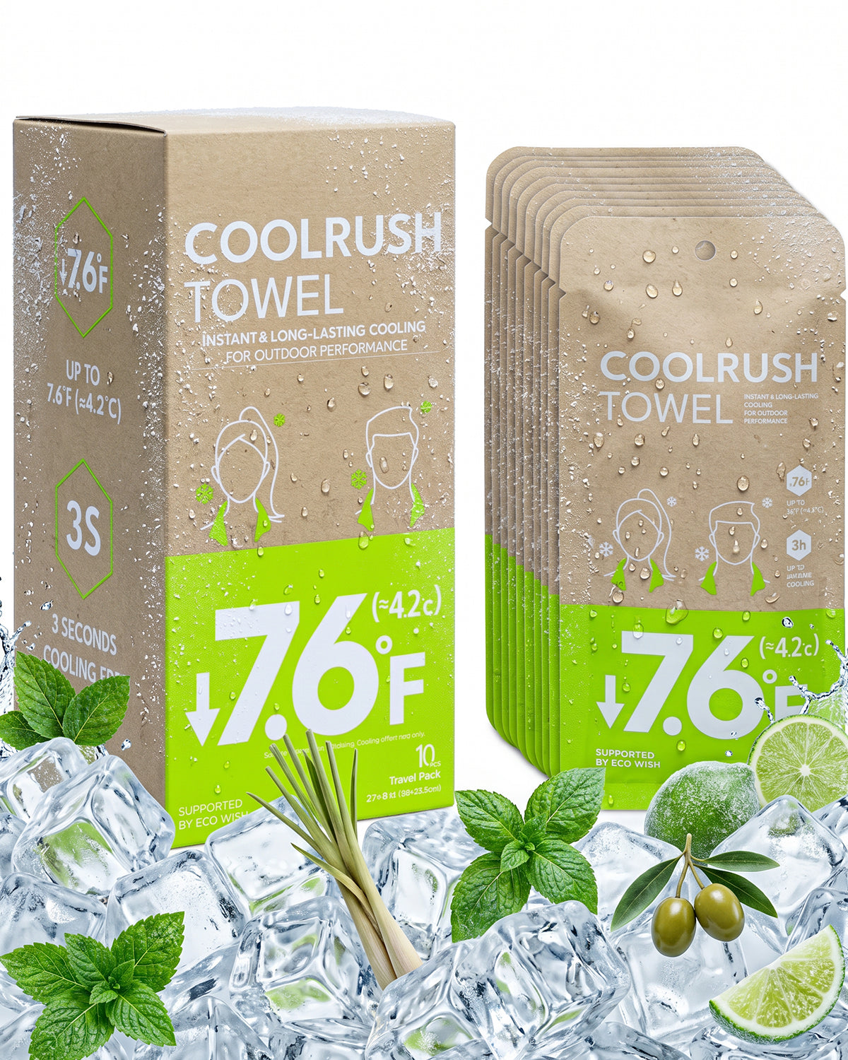 CoolRush Towel with Natural Mint Extract, Instant 3-Second Cooling Towel, Reusable Sports Cooling Wipes for Summer Heat, Alcohol-Free, for Running, Cycling, Gym, Outdoor Activities (Green)