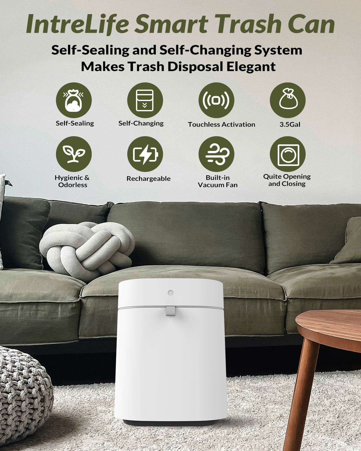 Automatic Trash Can, 3.5 Gallon Self-Sealing and Self-Changing Smart Trash Can, Rechargeable(White)