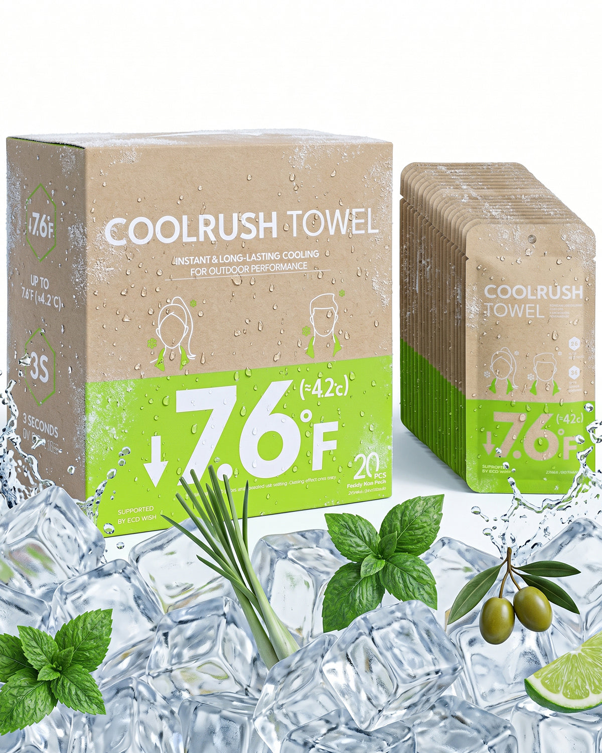 CoolRush Towel with Natural Mint Extract, Instant 3-Second Cooling Towel, Reusable Sports Cooling Wipes for Summer Heat, Alcohol-Free, for Running, Cycling, Gym, Outdoor Activities (Green)