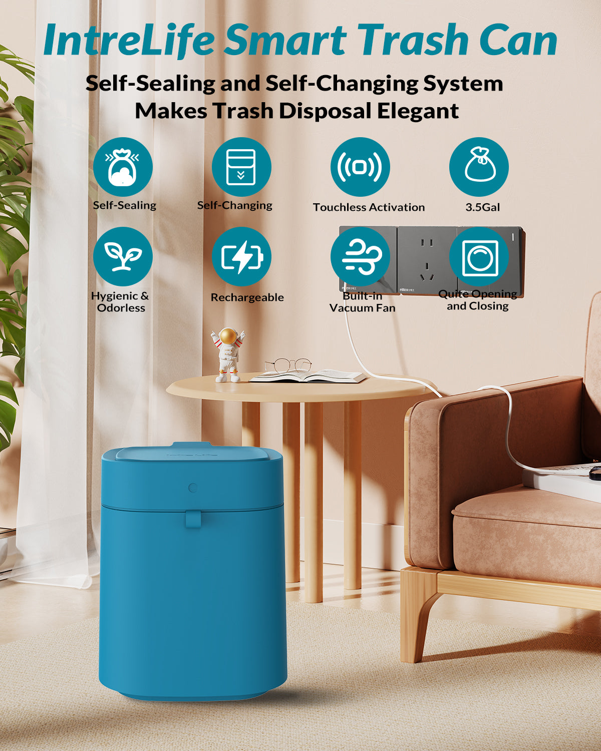Automatic Trash Cans Touchless, 3.5 Gallon Self-Sealing and Self-Changing Smart Trash Can(Teal)