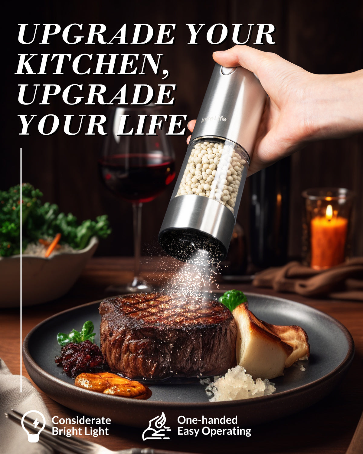 Electric Salt and Pepper Grinder Set,Rechargeable Stainless Steel Automatic Pepper Salt Mill Shaker,5 Adjustable Coarseness with LED Refillable One Hand Operation