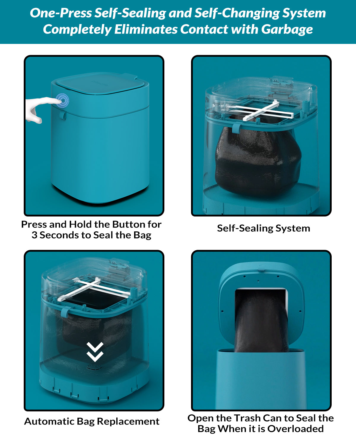Automatic Trash Cans Touchless, 3.5 Gallon Self-Sealing and Self-Changing Smart Trash Can(Teal)
