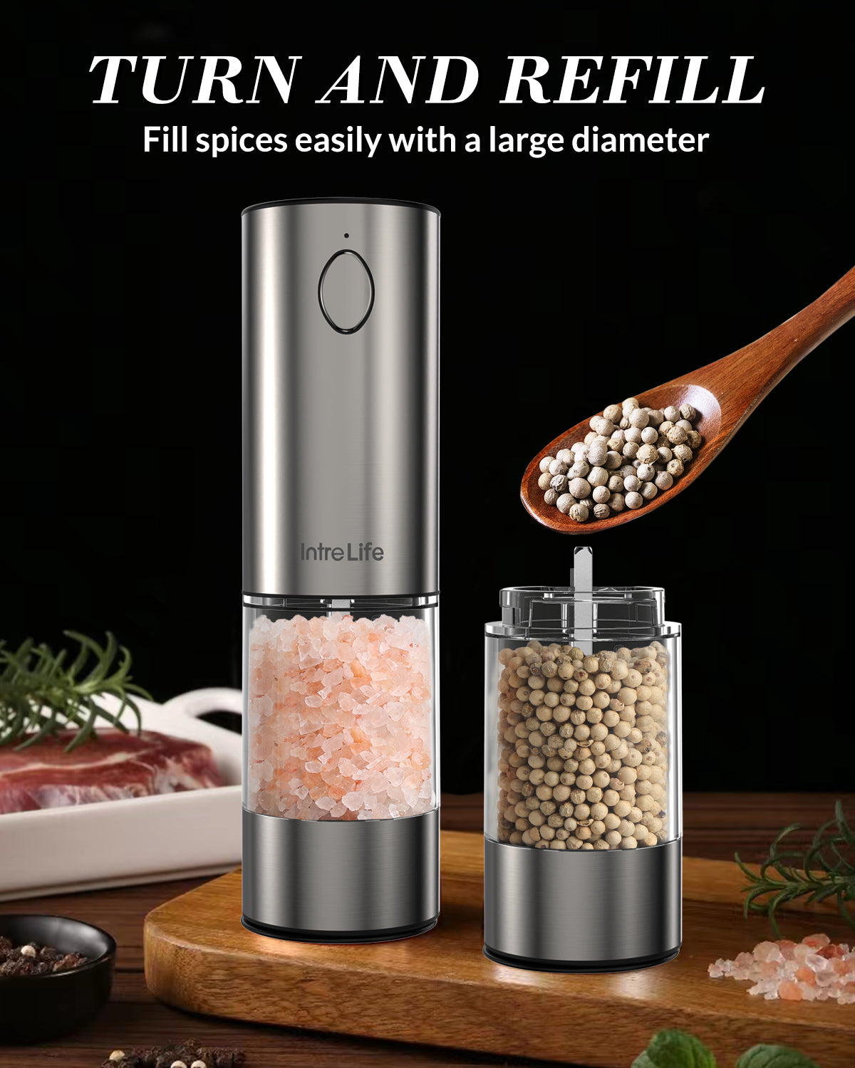 Electric Salt and Pepper Grinder Set,Rechargeable Stainless Steel Automatic Pepper Salt Mill Shaker,5 Adjustable Coarseness with LED Refillable One Hand Operation
